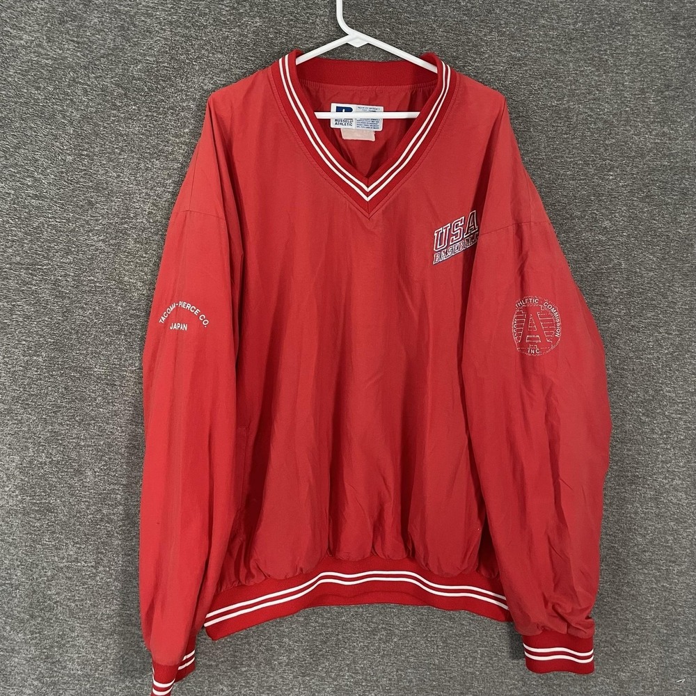 Vintage USA Baseball Jacket Pullover Windbreaker Mens 3XL Red Russell Athletic